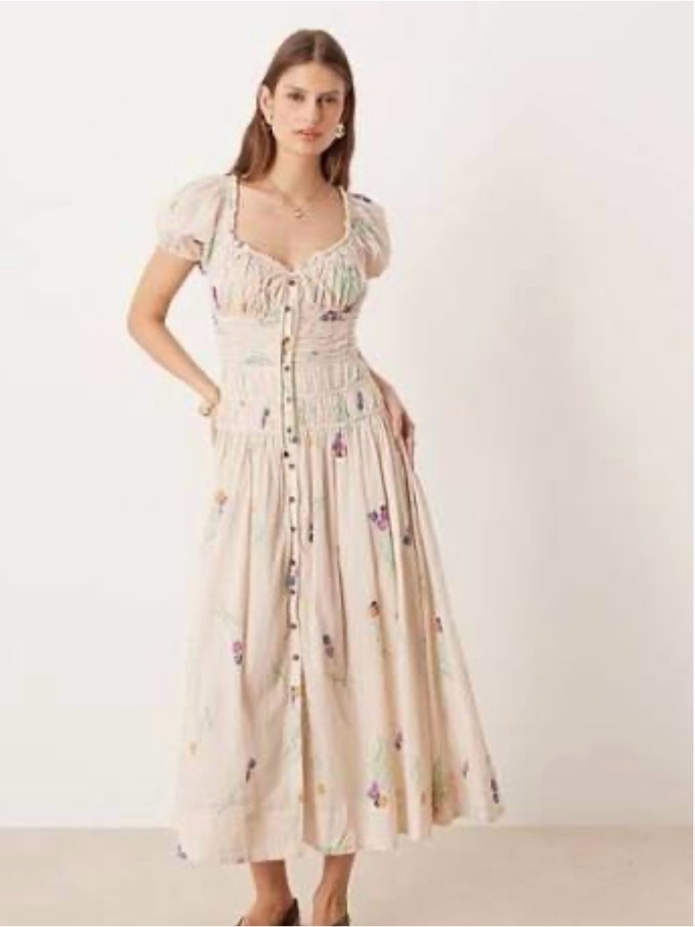 Ruched Cream Floral Maxi Dress with Puff Sleeves